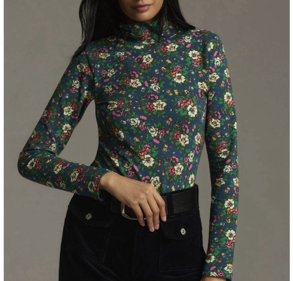 Anthropologie Maeve Blue Floral Hailey Printed Long Sleeve Turtleneck Womens M